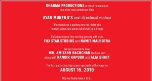 Karan Johar's Next with Amitabh-Ranbir-Alia titled Brahmastra, 15 August 2019 Release